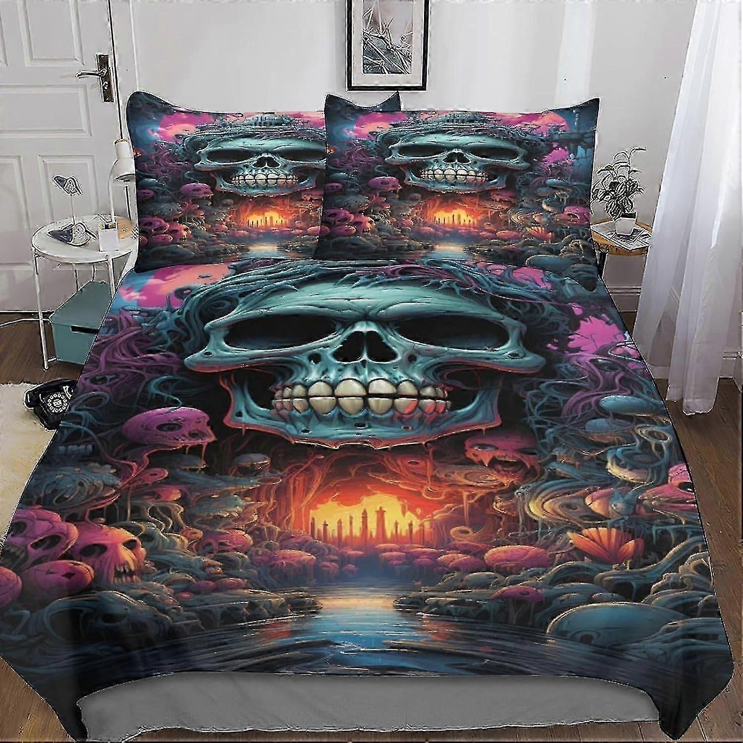 o5675 Lençóis de Cama Flores Caveira Conjunto de Capa de Edredom para Impressão 3D 3D Macio Respirável Evil Skeleton Capa de Edredom Capa de Colcha com Pil