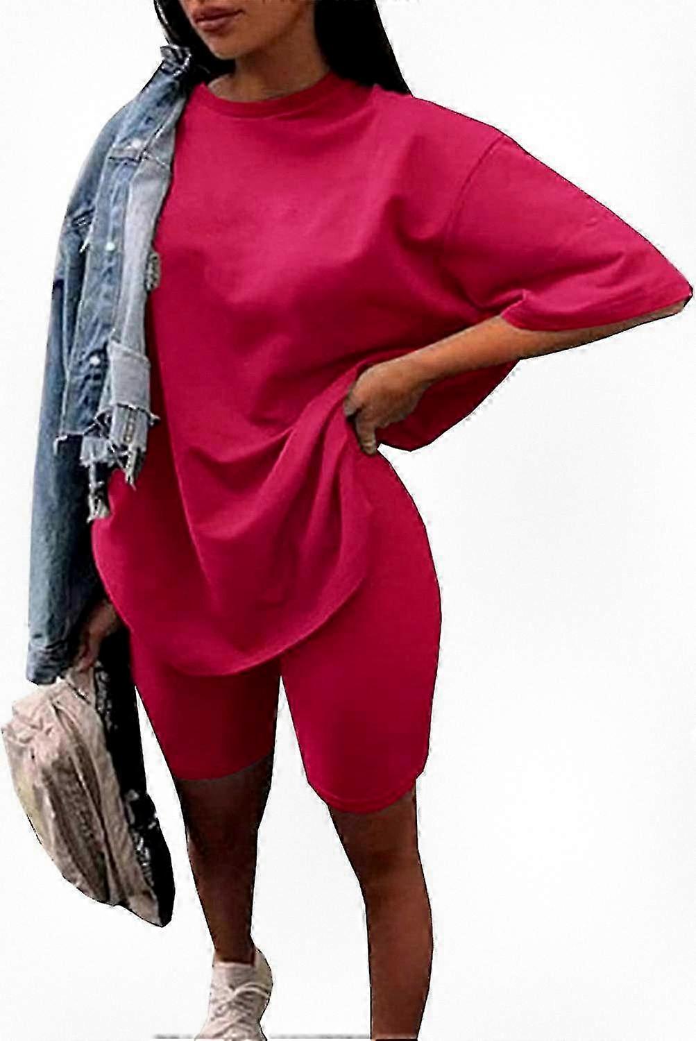 Casual Women's 2 Piece Set with Oversized T-shirt and Biker Shorts for Sports and Workout Activities