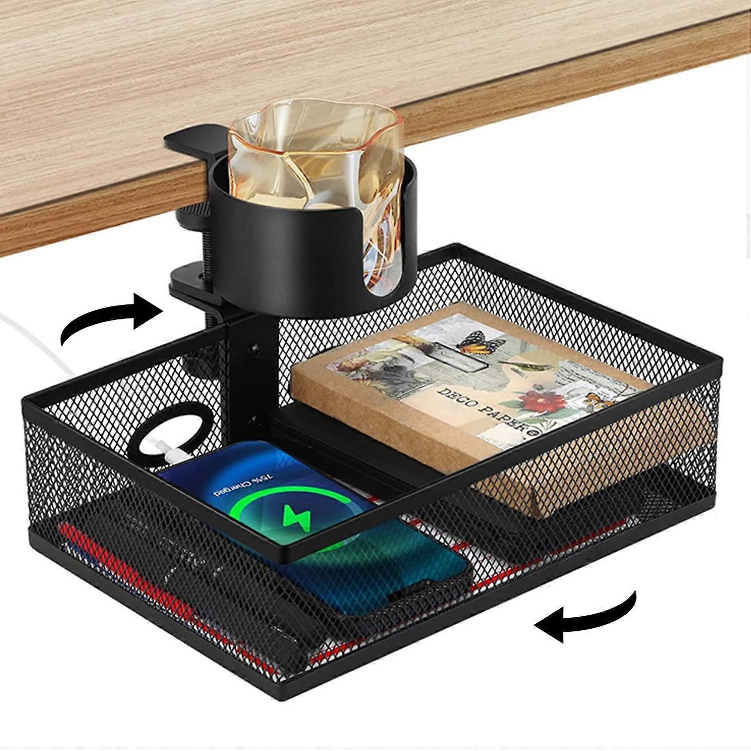 Black 360-Degree Under Desk Organizer with Clamp-on Swivel Pencil Drawer, Sturdy C-Clamp Mount and Cup Holder, Easy Installation