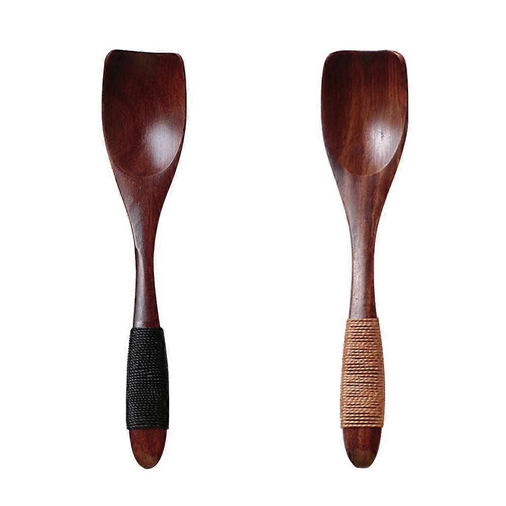 2pcs Japanese Style Wooden Ice Cream Spoons Small Dessert Spoon with Tied Line on Handle Kids Solid Wood Tableware (Brown)