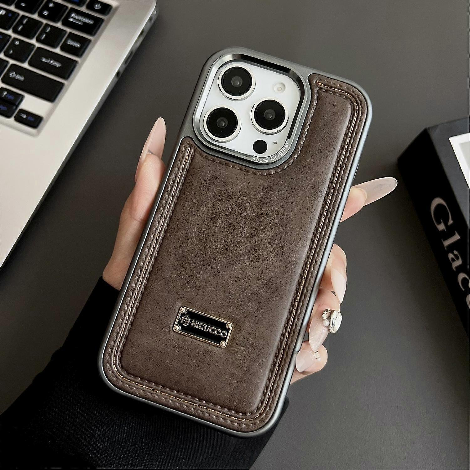 For iPhone 16 Pro Case PC + PU Leather Shockproof Phone Back Cover - Coffee