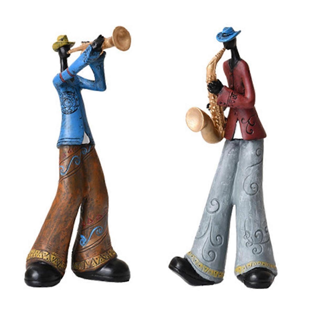 2PCS Jazz Band Player Figurines Vintage Musician Figure Resin Statues Desktop Ornament Retro Sculpt