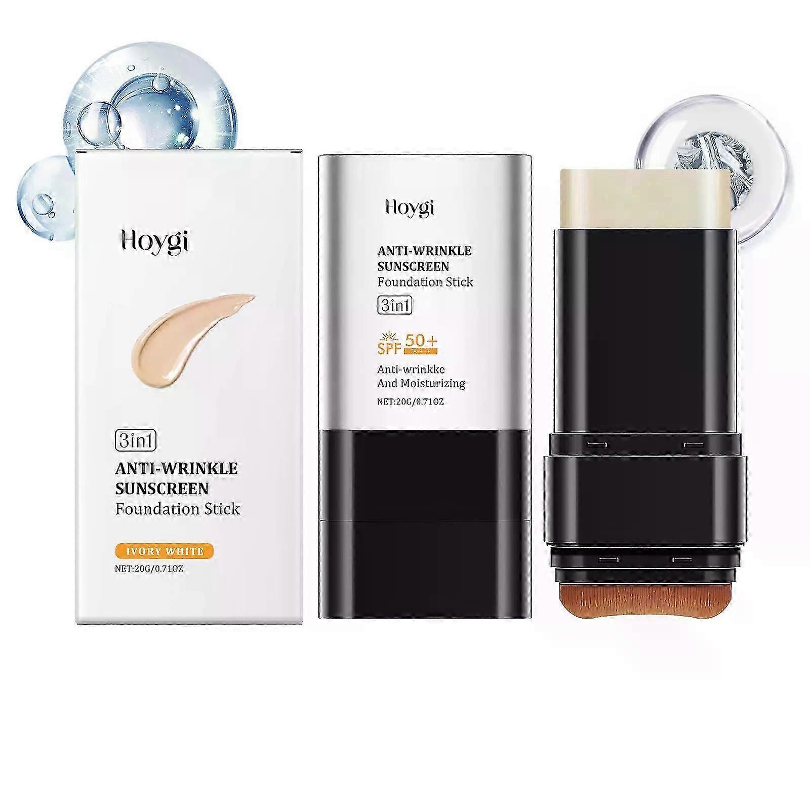 3 In 1 Anti-Wrinkle Foundation Stick with SPF 50+ Hydrating Lightweight Flawless Eraser Foundation Stick with Brush Moisturizing Double Head Make-Up w