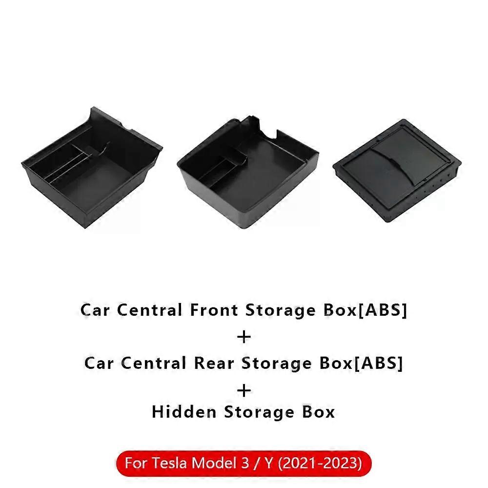 Fit For Tesla Model 3 Y Hidden Storage Box Car Center Console Armrest Front and Rear Flocking Layered Grid Organized Container Slide