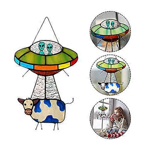 Stained Glass Window Hanging Panel, Colorful Alien Cow Design, 12x18 Inch Decorative Art for Home or Office