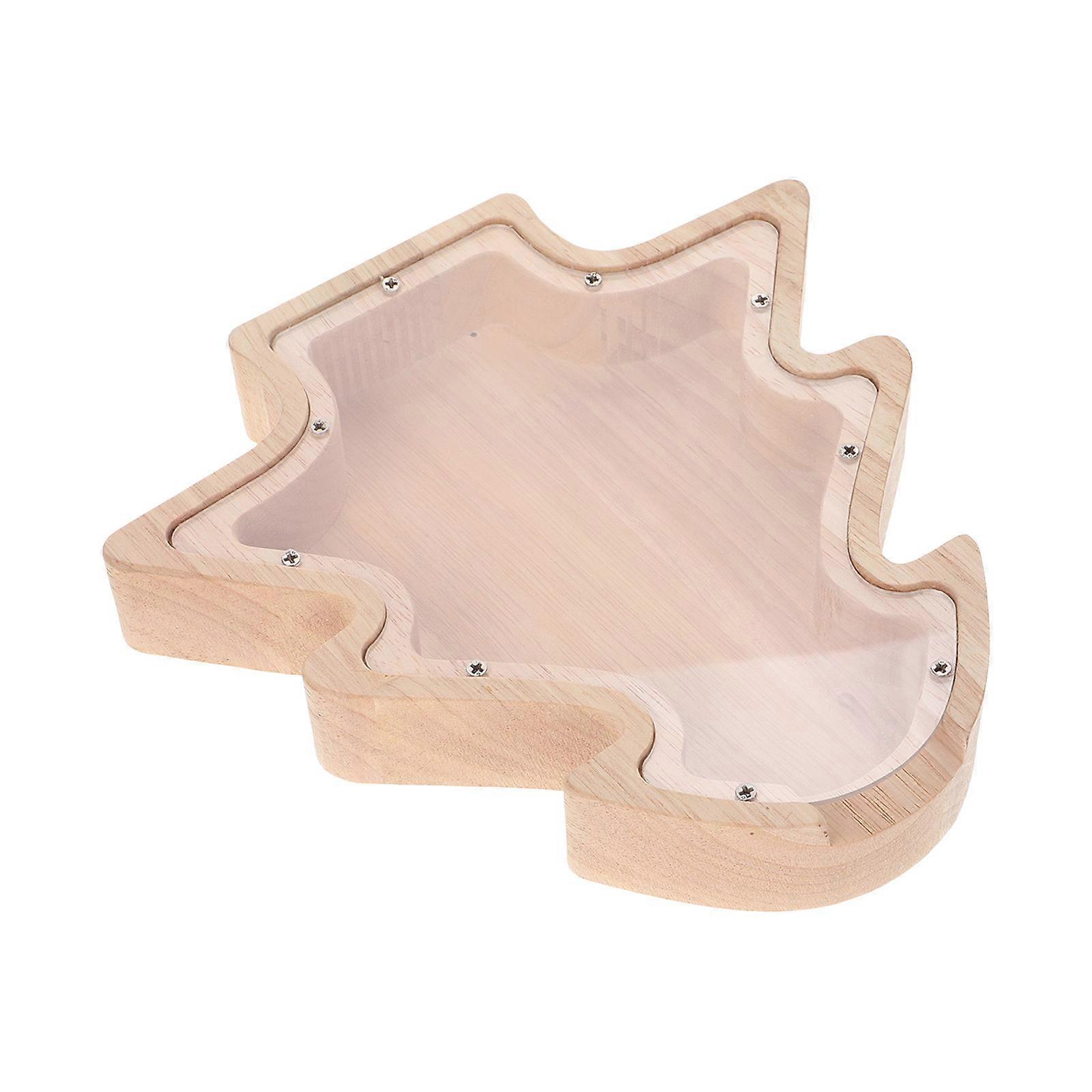 Wooden Coin Bank with Christmas Tree Design for Coin Storage Beige Color Crafted from Wood 4.5 Inches Tall
