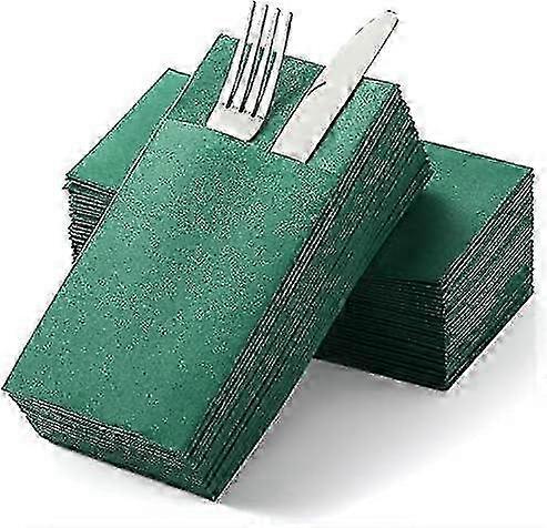 50pcs 10 * 20cm Serviettes en papier vert jetables Couverts intégrés Poche Serviettes vertes pour fête de mariage Thanksgiving Noël--