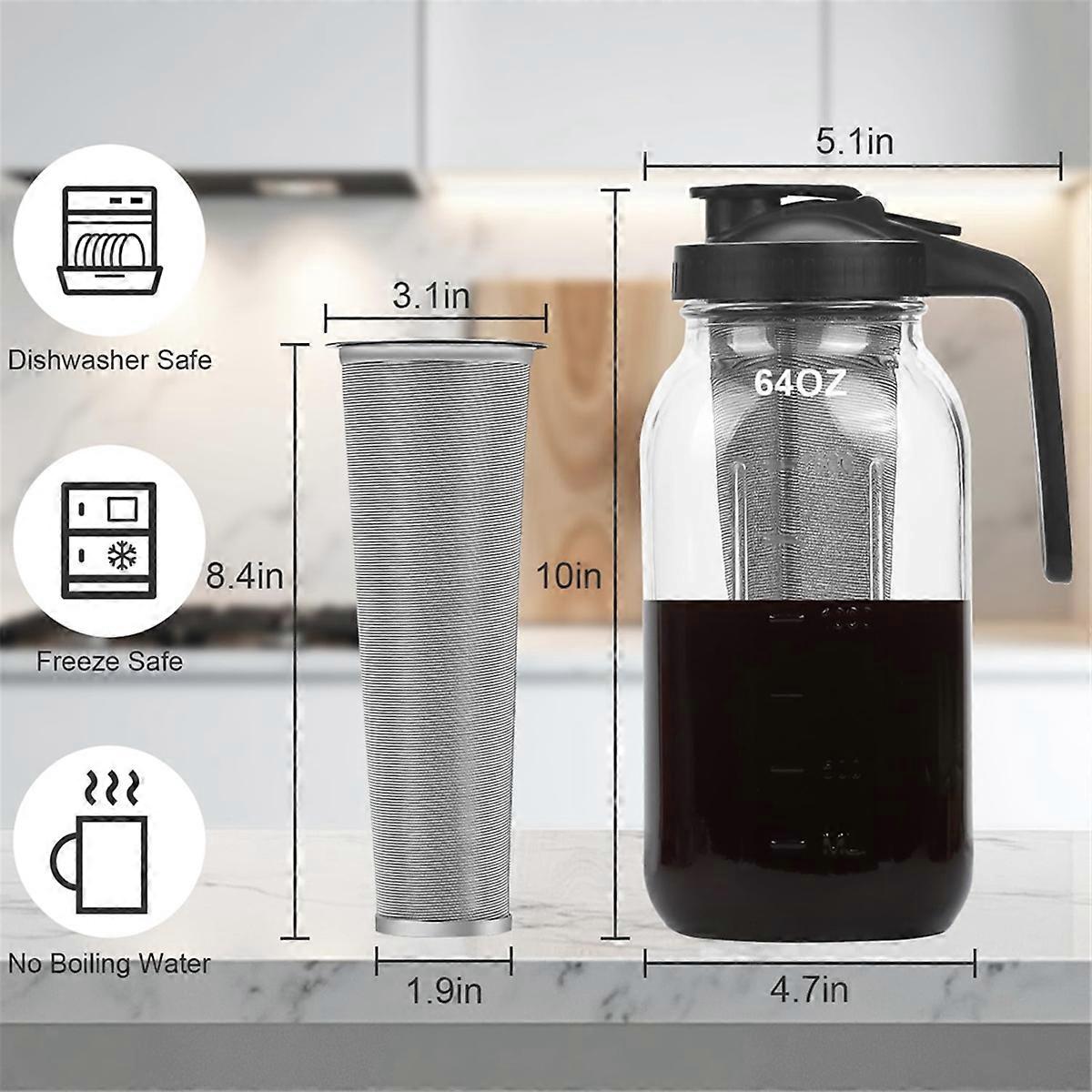 Cold Brew Coffee Maker Pitcher,64oz Iced Coffee Tea Pitcher for Fridge with Filter, Cold Brew Maker 