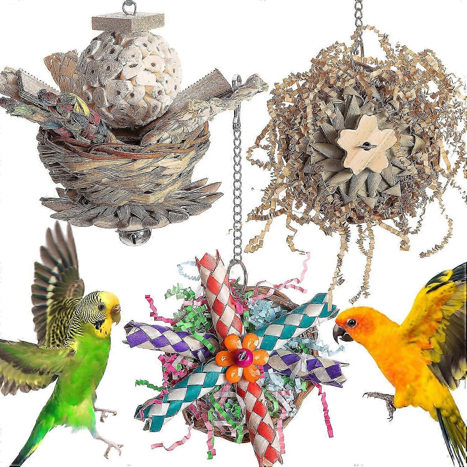 3-Piece Parrot Foraging Toy Set with Shredding Paper and Grass Blocks for Chewing and Teeth Grinding Fun