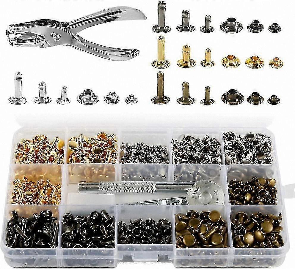 Leather Rivet Kit with Double Cap, 3 Sizes of Tubular Metal Rivets, Includes Punch Pliers and 3 Fixing Tools for Leather Repair and Decoration Project