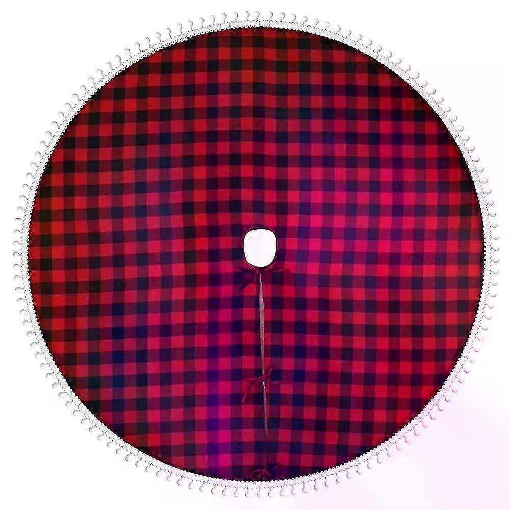 Christmas Tree Skirt Red Black Plaid Tree Skirt with snowballs Trim for Holiday Christmas Decorations Double Layers Skirt