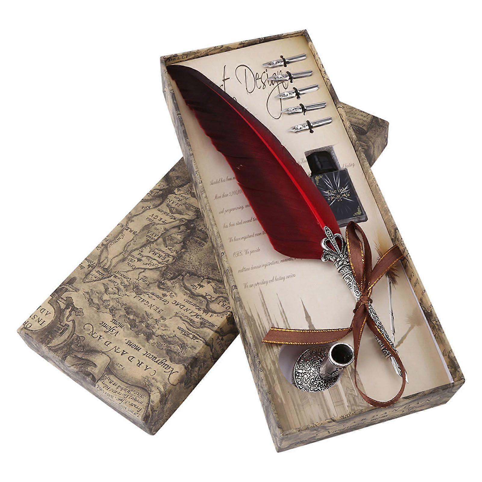 English Calligraphy Feather Dip Quill Pen Writing Ink Set Stationery Gift Box with 5 Nibs