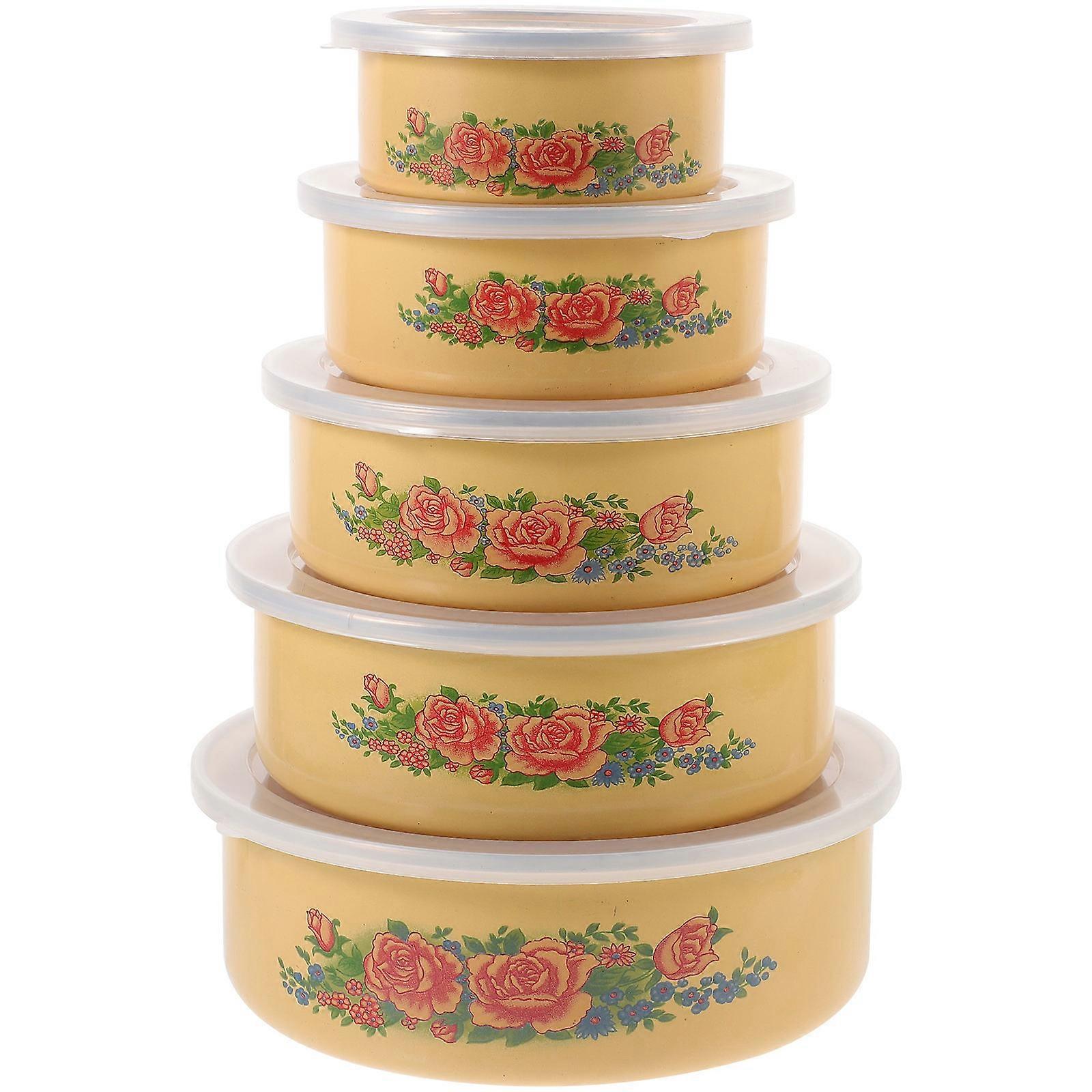 Retro Dishes Enamel Salad Bowls With Lids Portable Round Bowls For Camping Khaki Color Lightweight Food Serving Bowls 1Set