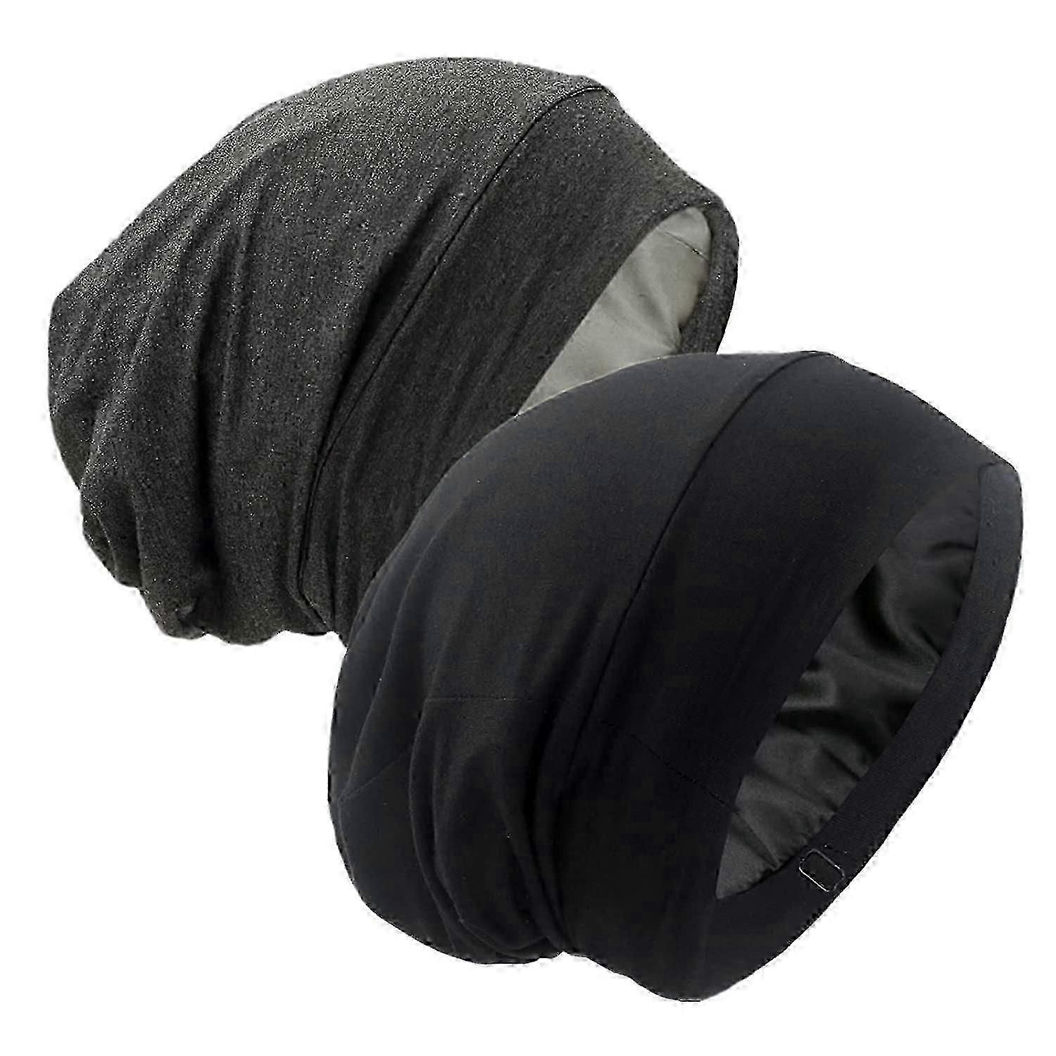 الساتان مبطنة غطاء الشعر غطاء النوم - النوم Beanie ل Frizzy الطبيعية مجعد حماية الشعر - أسود ورمادي داكن