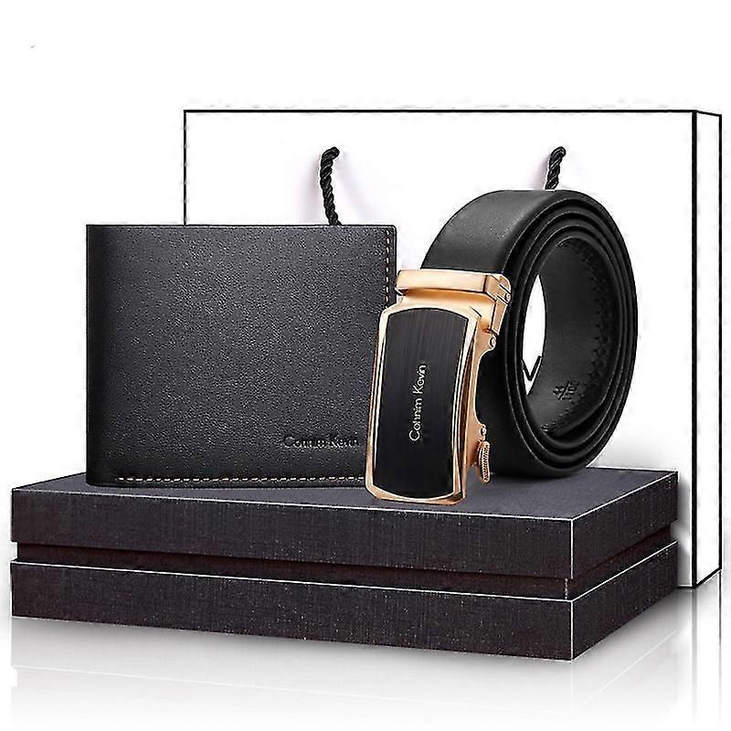 חגורת עור מתכווננת לגברים וערכת ארנק דו-צדדית, שחור - חגורות וארנקים פרימיום לגברים - אבזם ראצ'ט סגסוגת עמיד