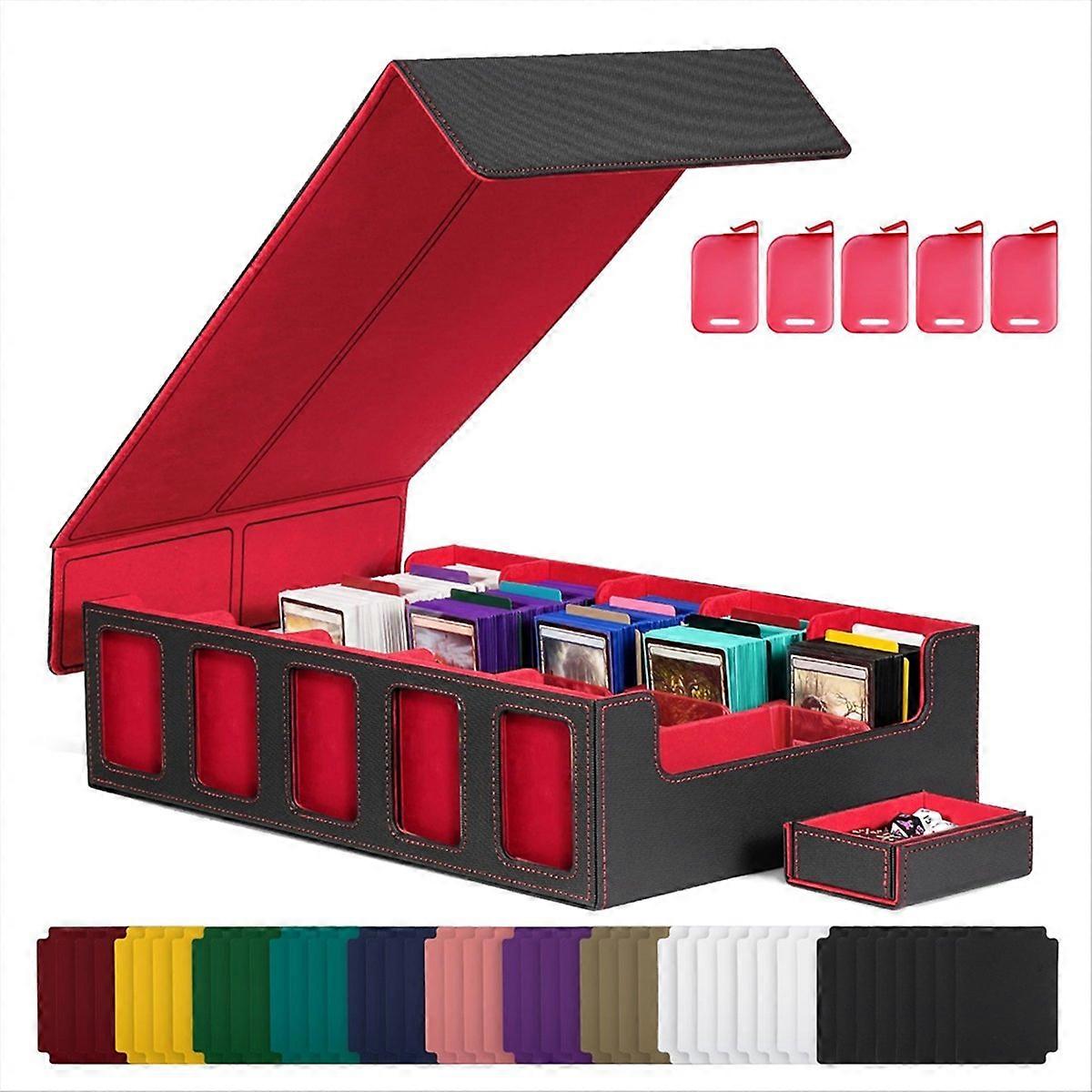 Trading Card Storage Box with Window, 5-Row Deck Case with Removable Lid,Card Deck Box for Game Sports Card Black+Red