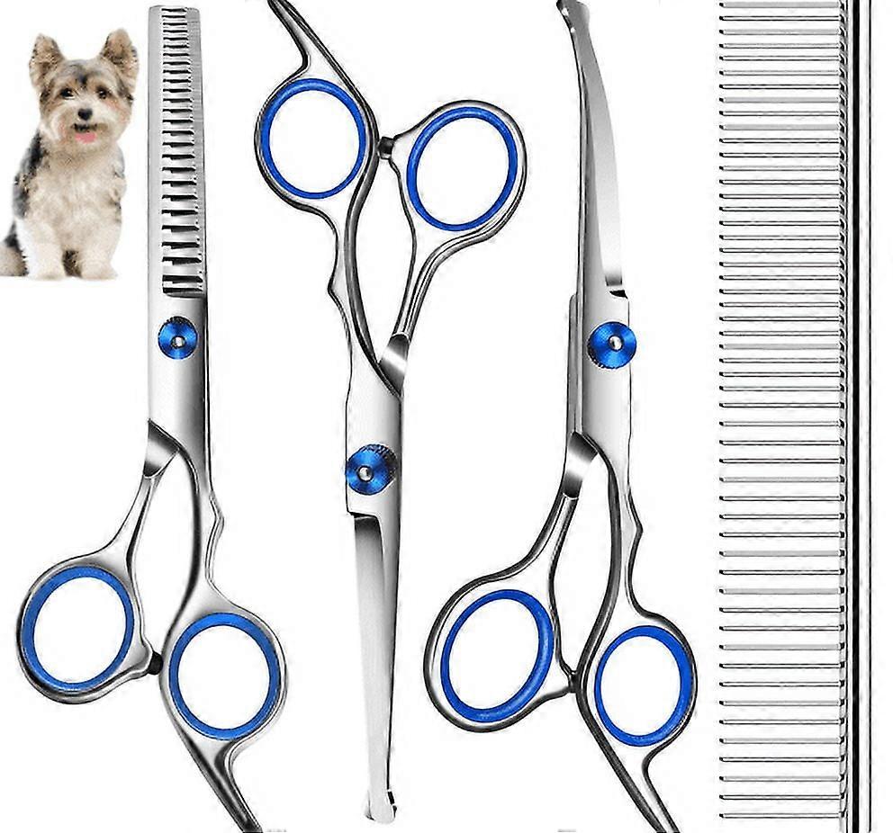 ZOUYUE Dog Grooming Scissors Set of 4, Safety Round Tips, Titanium Trimmer Kit, Thinning & Curved Comb Scissors for Dogs Cats