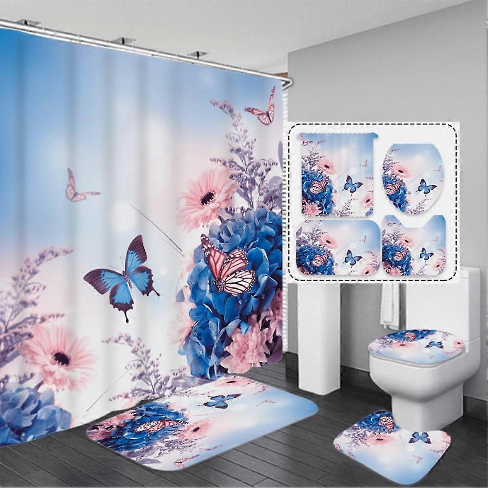 4PCS Blue Butterfly Shower Curtain Set, Rustic Wood Board Farmhouse Decor, Waterproof Fabric & Non-slip Bath Rugs, Soft Toilet Mat