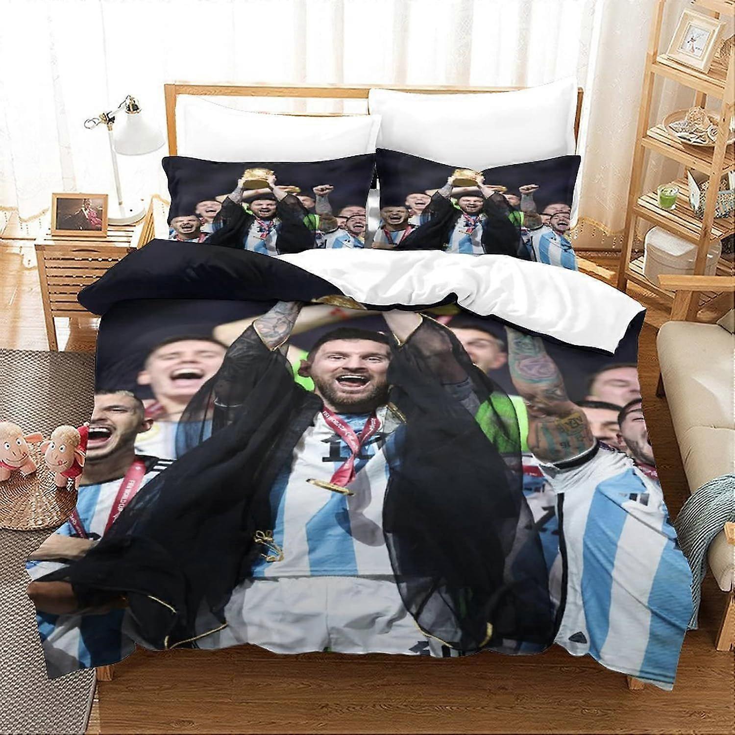CAYBES Lionel Messi Capa de edredom com fronhas 3D impresso de luxo Soft Bedding Easy Care Set com zíper World Cup Futebol Superstar Wor