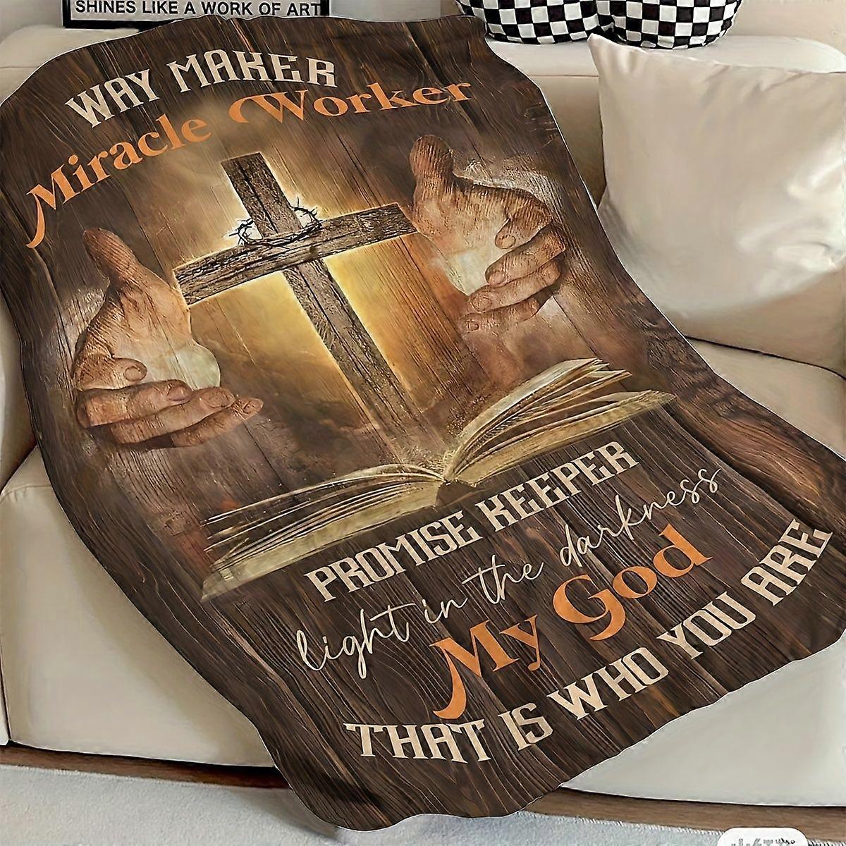 1pc Luxury Christian Religious Throw Blanket - "Way Maker, Miracle Worker" Bible Design with Cross & Open Book - Soft Fl-azxcv239