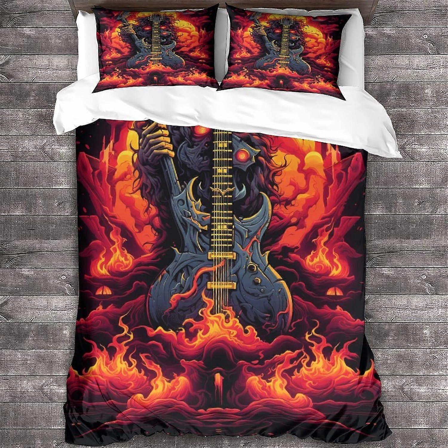 Conjunto de cama com estampa digital 3D de guitarra heavy metal no estilo rock 'n' roll, capa de edredom com estampa de caveira, 3 peças em microfibra macia com fechamento em zíper.