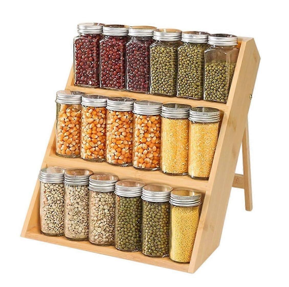 Bamboo Spice Rack 3Tier Foldable Organizer for Kitchen Cabinet Countertop and Drawer Storage
