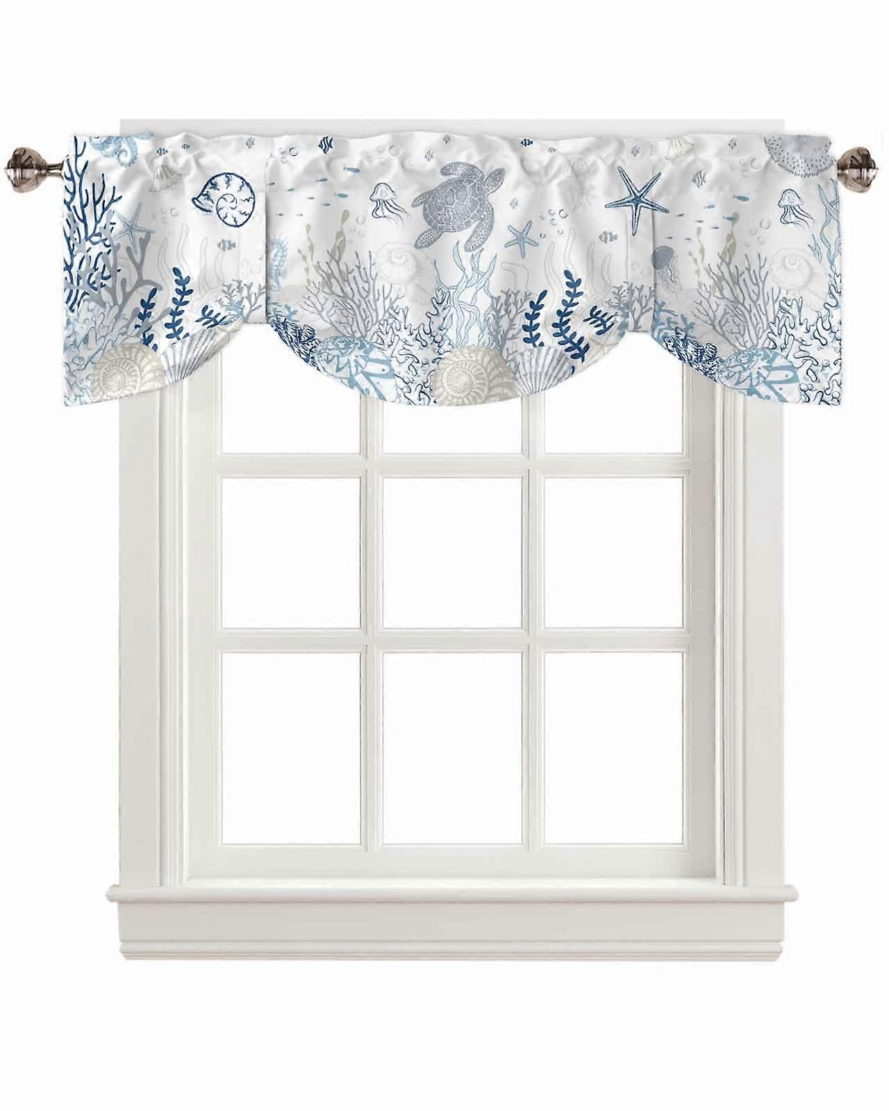 Tie Up Valance Curtain with Coastal Ocean Print, Adjustable Rod Pocket Short Window Panel 42'x12'