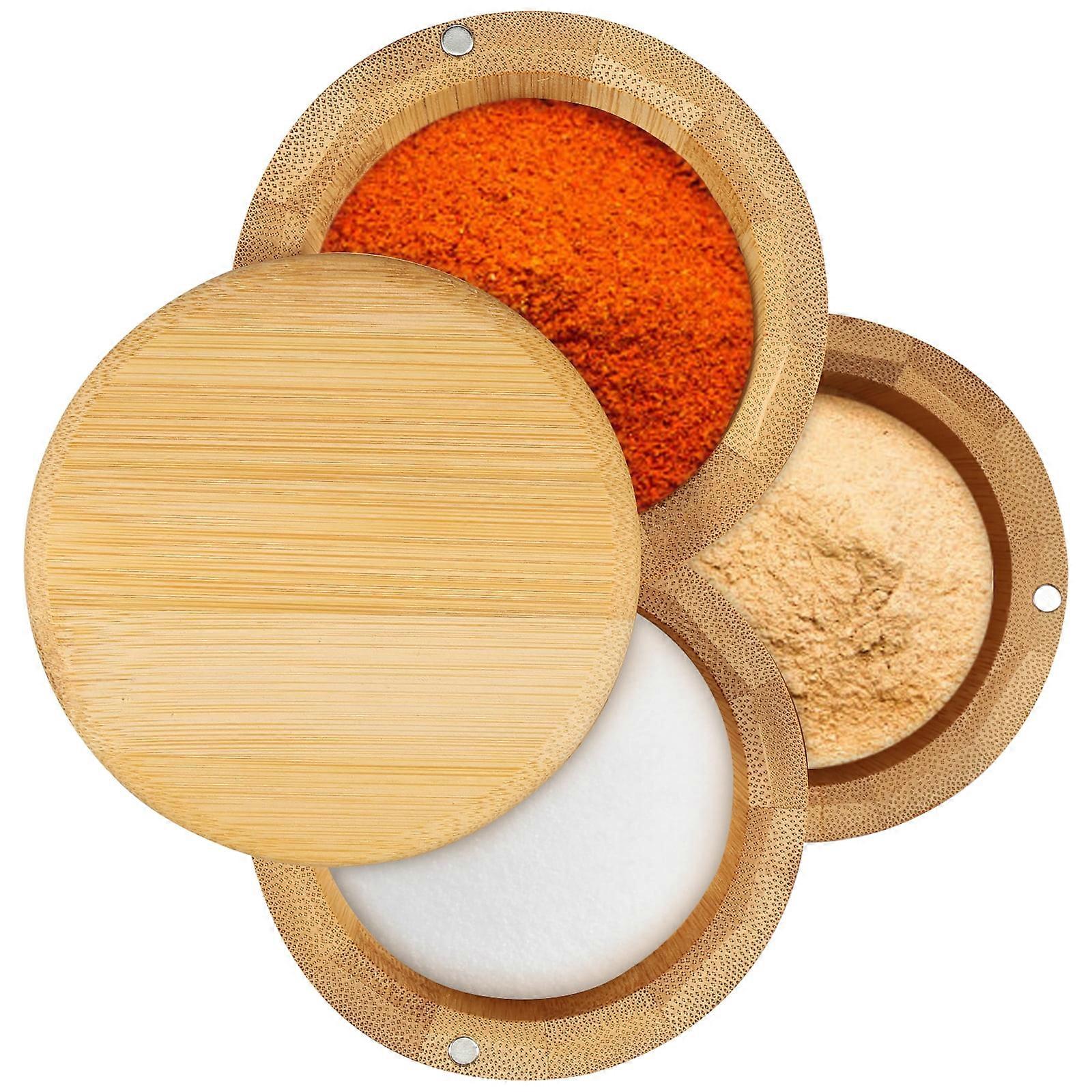 Grusce Bamboo Salt Cellar 3-Layer with Magnetic Cover, Large Capacity Spice Container 3.5×4.5 Inch, One-Hand Use for Salt, Spices, Peppercorns