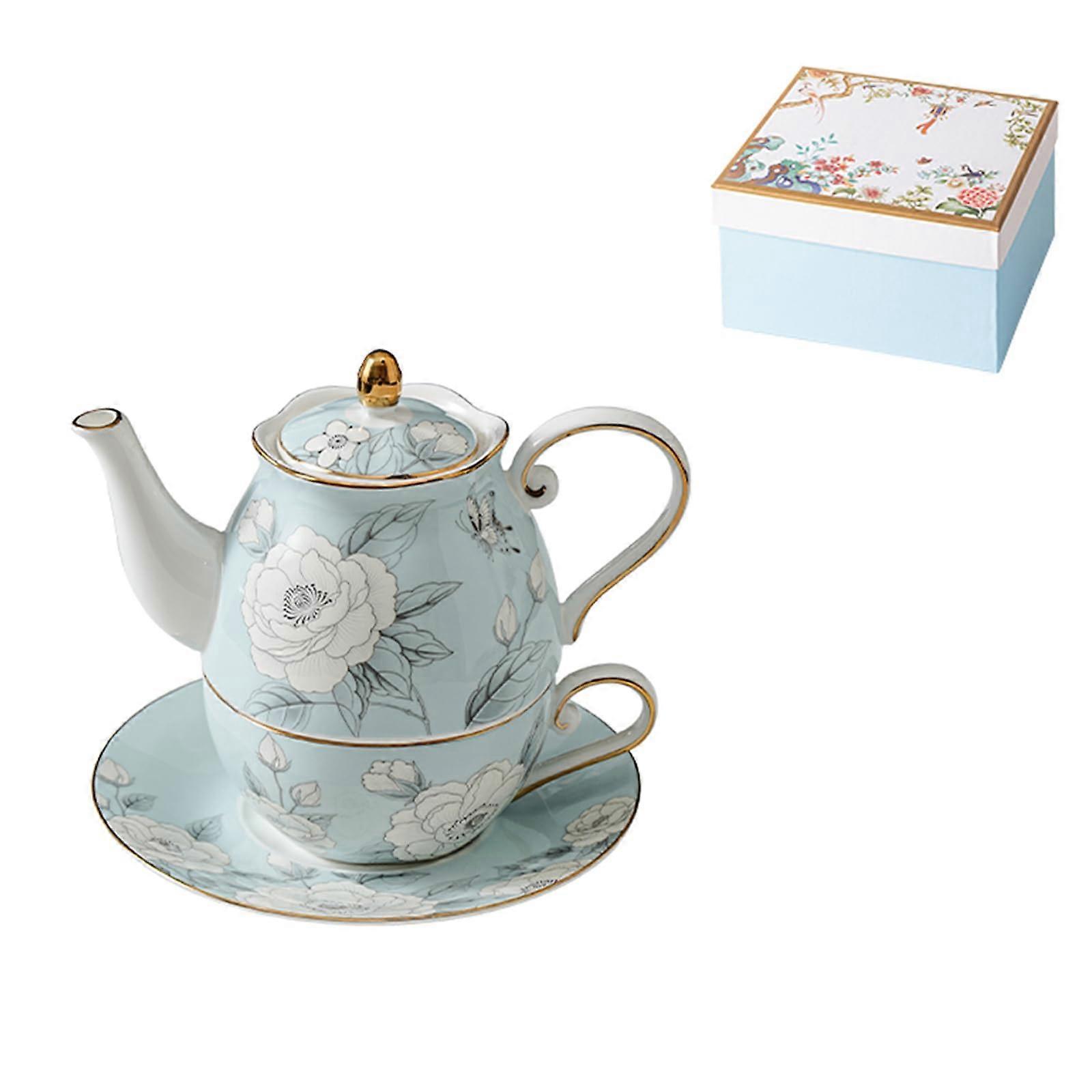 Tea for One Set Bone China Stackable Teapot with Cup and Saucer Elegant Floral Design Gift