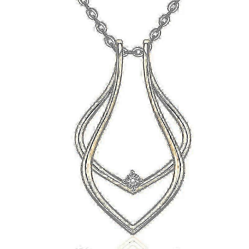 Silver pendant necklace for ring storage, geometric design with smooth chain.