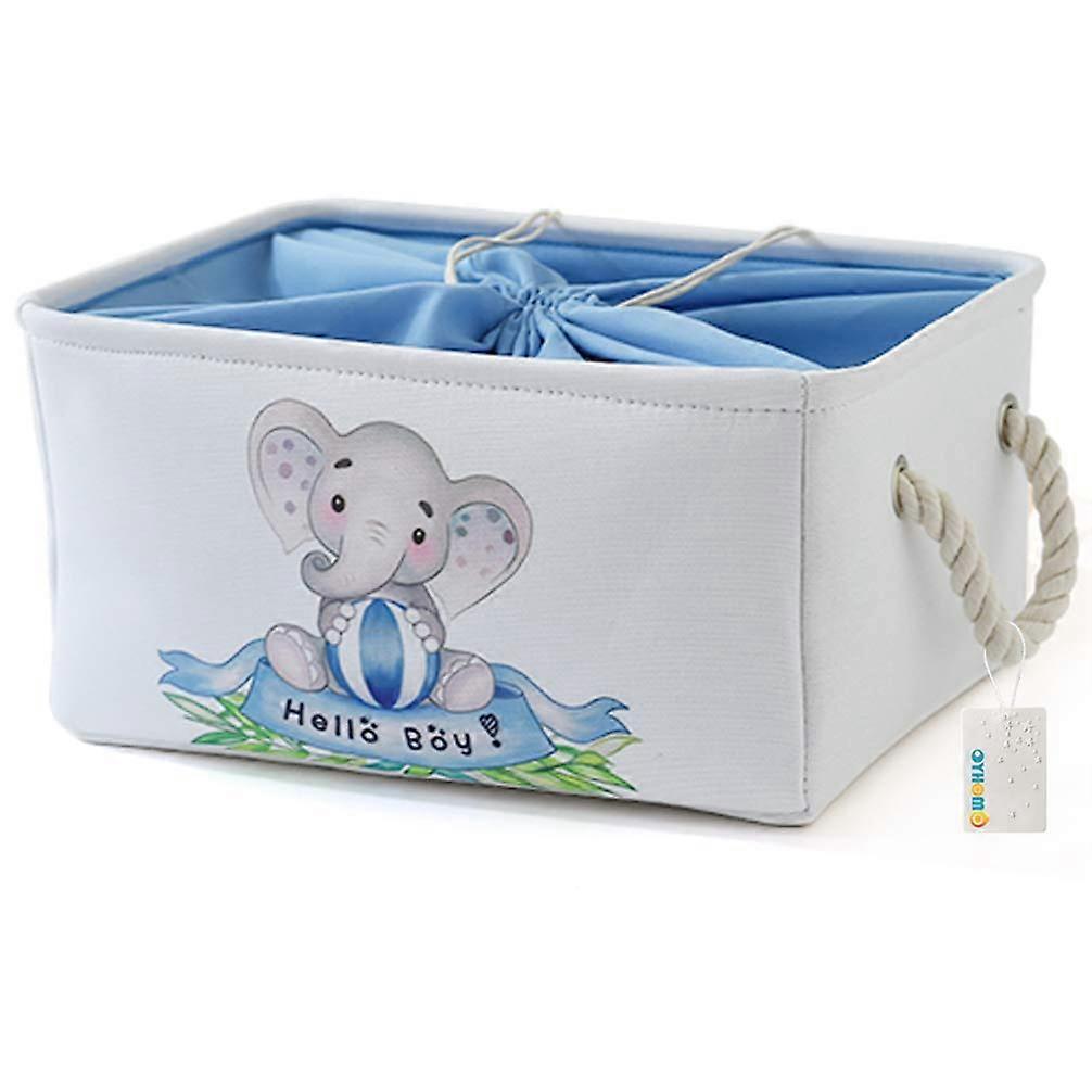 Kids Storage Basket Foldable Fabric Bin with Drawstring, Blue Elephant Canvas Nursery Organizer
