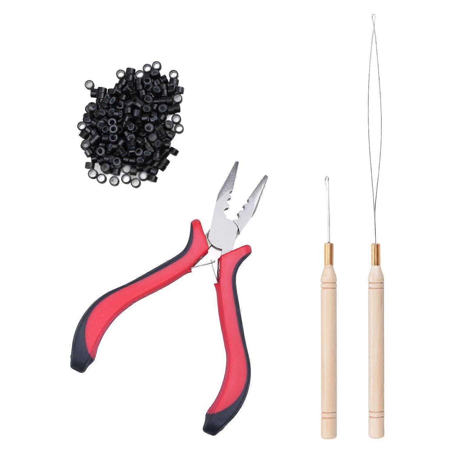 Hair Extension Tool Kit with Plier, Needle Hook, 200 Black Micro Rings for Micro Ring Extensions