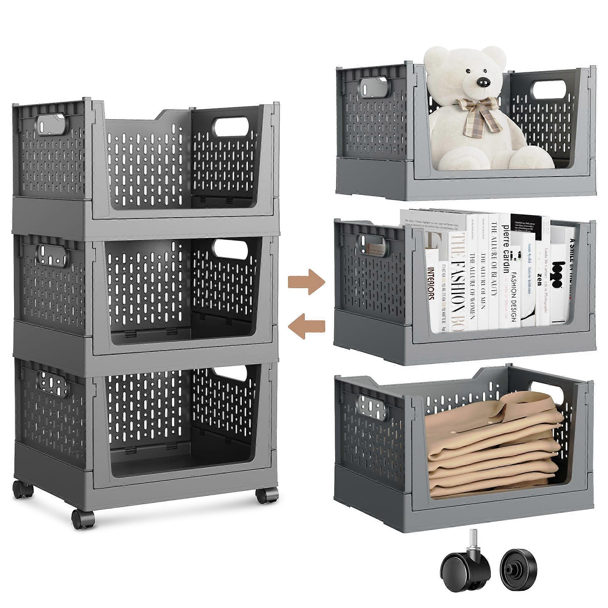 Stackable Plastic Storage Bins with Wheels, Foldable Closet Organizer Boxes, Grey 3 Pack