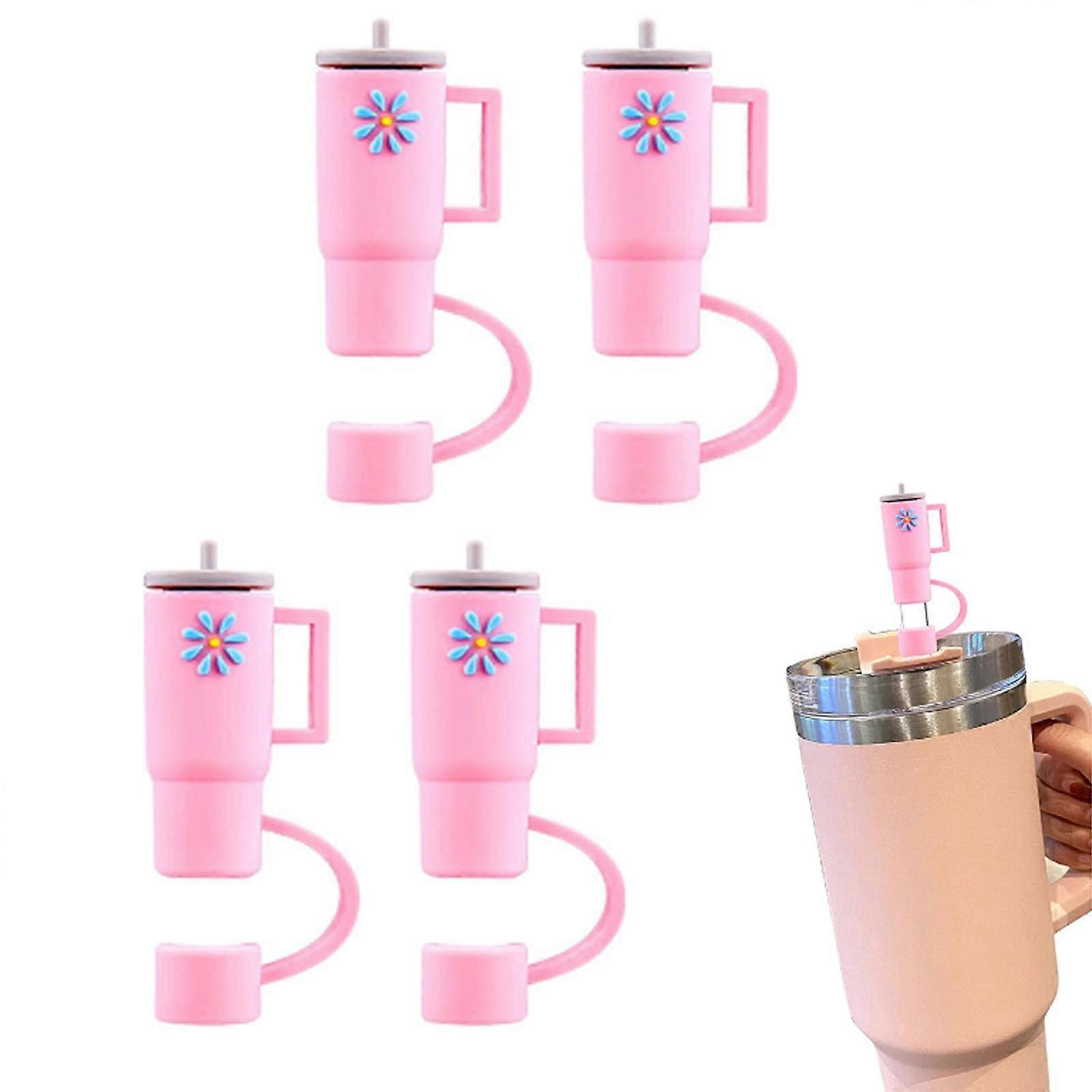 Straw Cover 4pcs Pink Silicone Dust Proof Splash Resistant Reusable Straw Tips for Stanley Cup