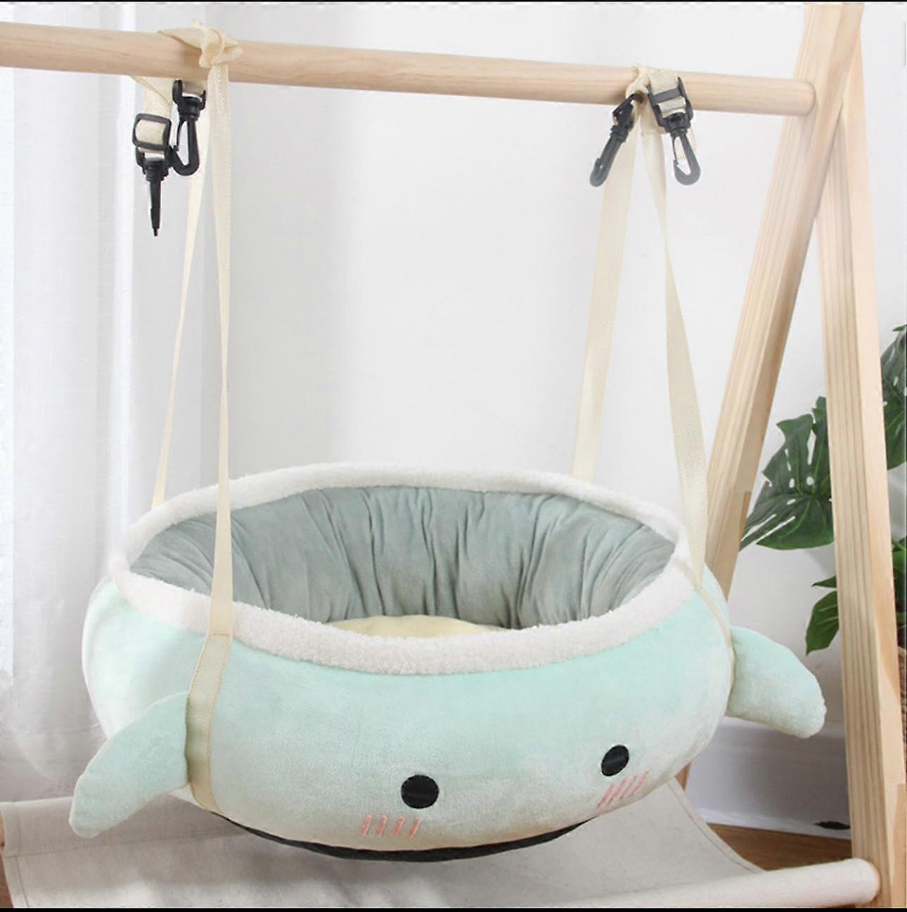 Cat Hammock with Warm Plush and Adjustable Straps for Cage or Winter Use, Dinosaur Small Blue