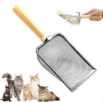 Stainless Steel Cat Litter Scoop with Ergonomic Wooden Handle for Clumping Litter and Multiple Cats