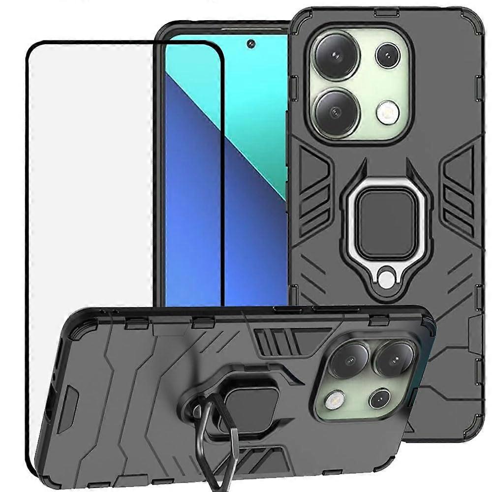 Shockproof Armor Case with Kickstand and Screen Protector, Black for Xiaomi Redmi Note 13 4G
