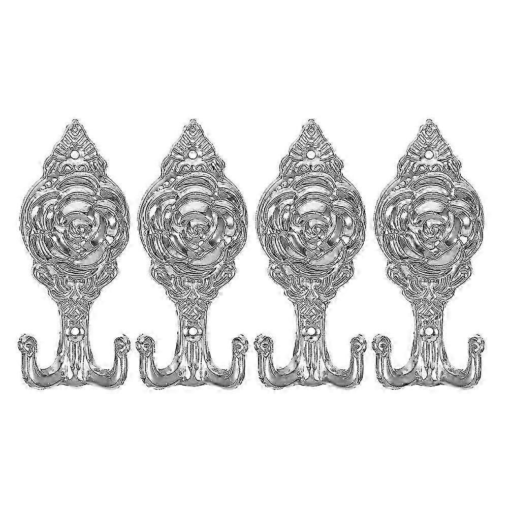Rose Shaped Iron Wall Hooks, Silver, Multifunctional, 4Pcs