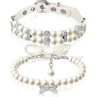 2 Pieces Dog Pearl Collars and Pet Pearl Necklace Set Dog Leather Pearl Collar with Crystal Rhinestone Cat Pearl Neck Strap for Dogs Cats Puppy Kitten