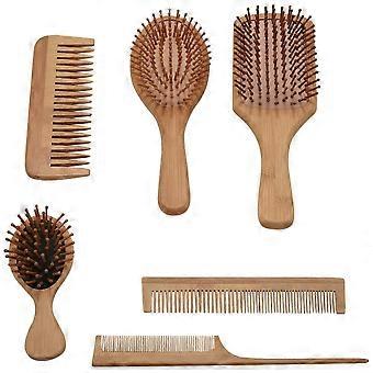 6-teiliges Set Holzkamm, gesunde Paddelkissen-Haarbürste, Massagebürste gegen Haarausfall, Kopfhautpflege, Bambuskamm LS