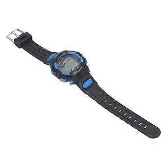 Barneklokke med LED-bakgrunnsbelysning for gutter fra 5 til 17 år, 12 24-timers ukekalender, vekkerklokke, 50 meter vanntett, digital klokke med PU-rem, S blå, 26-27 sekunder