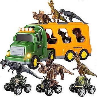 Dinosaur Transport Truck Toy Set with 6 Diecast Dinosaurs - 7 in 1 Carrier Cage Truck Model for Boys