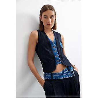 Desigual Chaleco Diplo Doble Pinstripe & Denim Double Lapel Waistcoat 26WWEW15