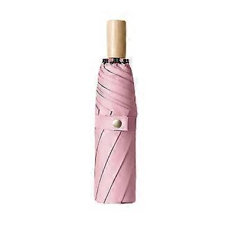 Compact Travel Umbrella for Rain and Sun, Windproof Three Fold Umbrella with Wooden Handle, Pink