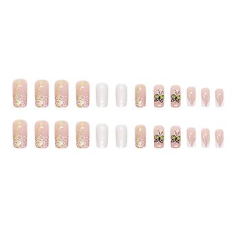 Pink & White med sommerfugl trykte falske negle Naturlig ubrydelig negle Enkelt slid til kvinder og pige neglesalon