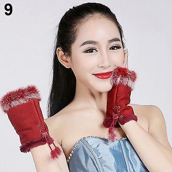 Merryso Femmes Hiver Faux Lapin Fourrure Faux Cuir Mitaines Sans Doigts Gants de Poignet Rouge