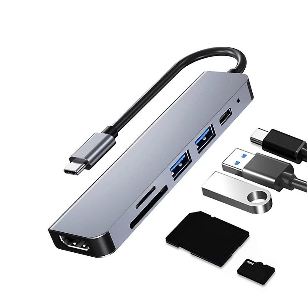 Gray 6 in 1 USB Hub Type-C Multiport Card Reader Adapter 4K HDMI For Notebook Pro