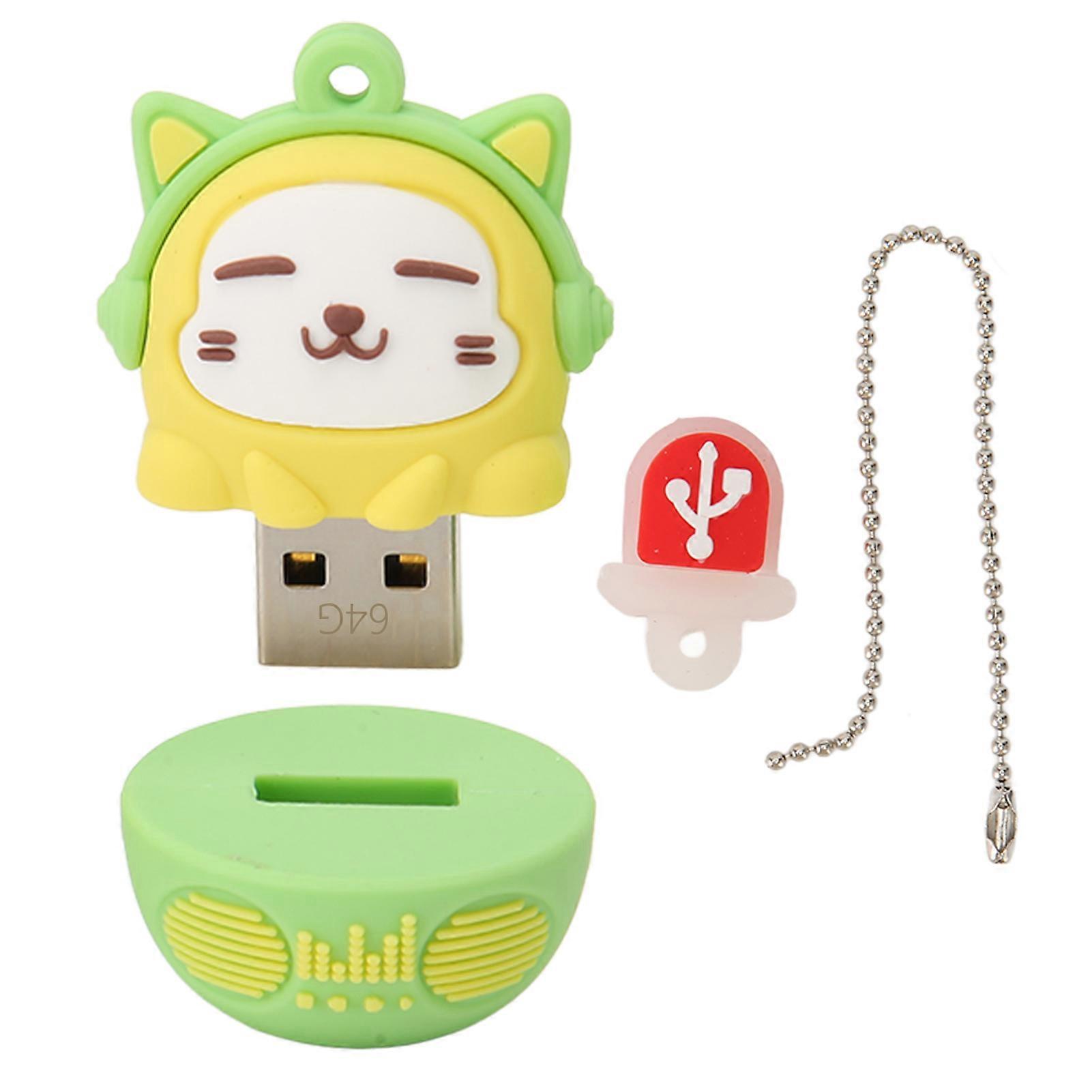 Cartoon Flash Drive PVC USB2.0 Cat Pattern Plug and Play Disque U antichoc pour téléphone portable jaune vert 64g
