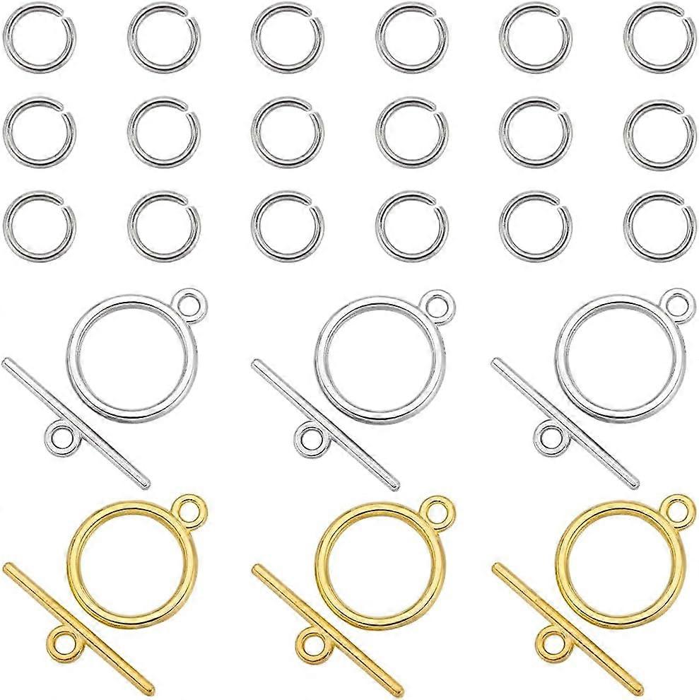 1 Box 60 Sets OT Clasps Gold Toggle Clasp 200Pcs Stainless Steel Open Jump Rings Tibetan Silver Alloy Round Metal Toggle Clasps Connectors for Jewelry