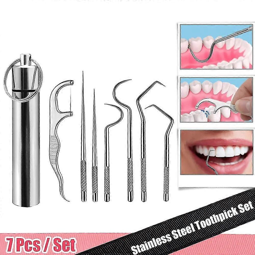 7pcs/set Stainless Steel Toothpick Set Tooth Flossing Reusable Toothpicks Portable Toothpick Floss Teeth Cleaner Oral Cleaning